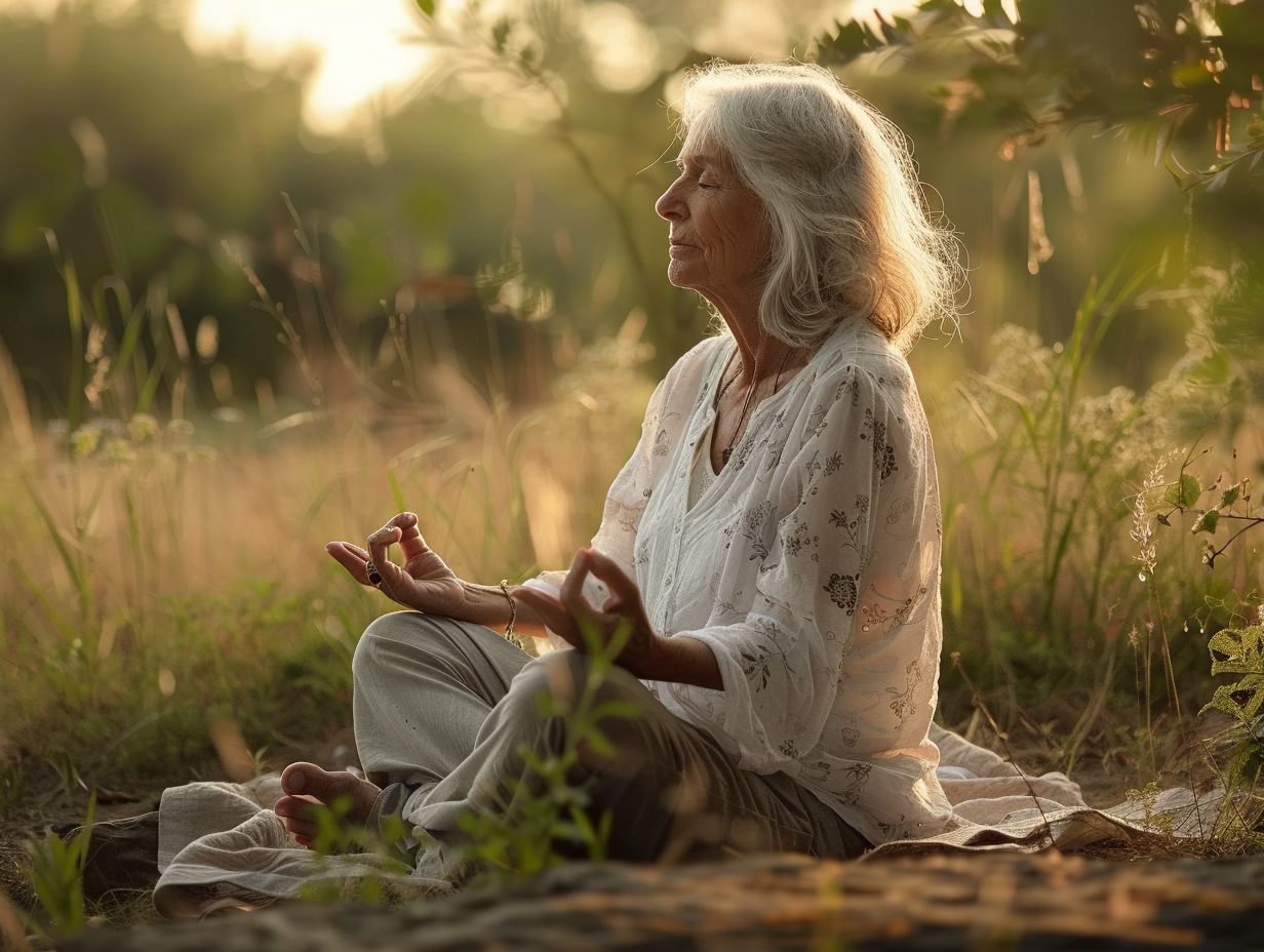 Жінка похилого віку медитує на природі